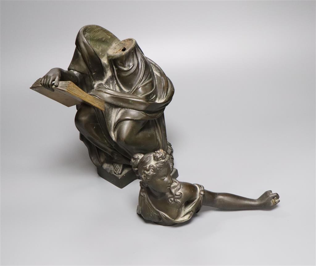 A 19th century bronze seated classical female figure emblematic of the Arts, 31cm (fault)